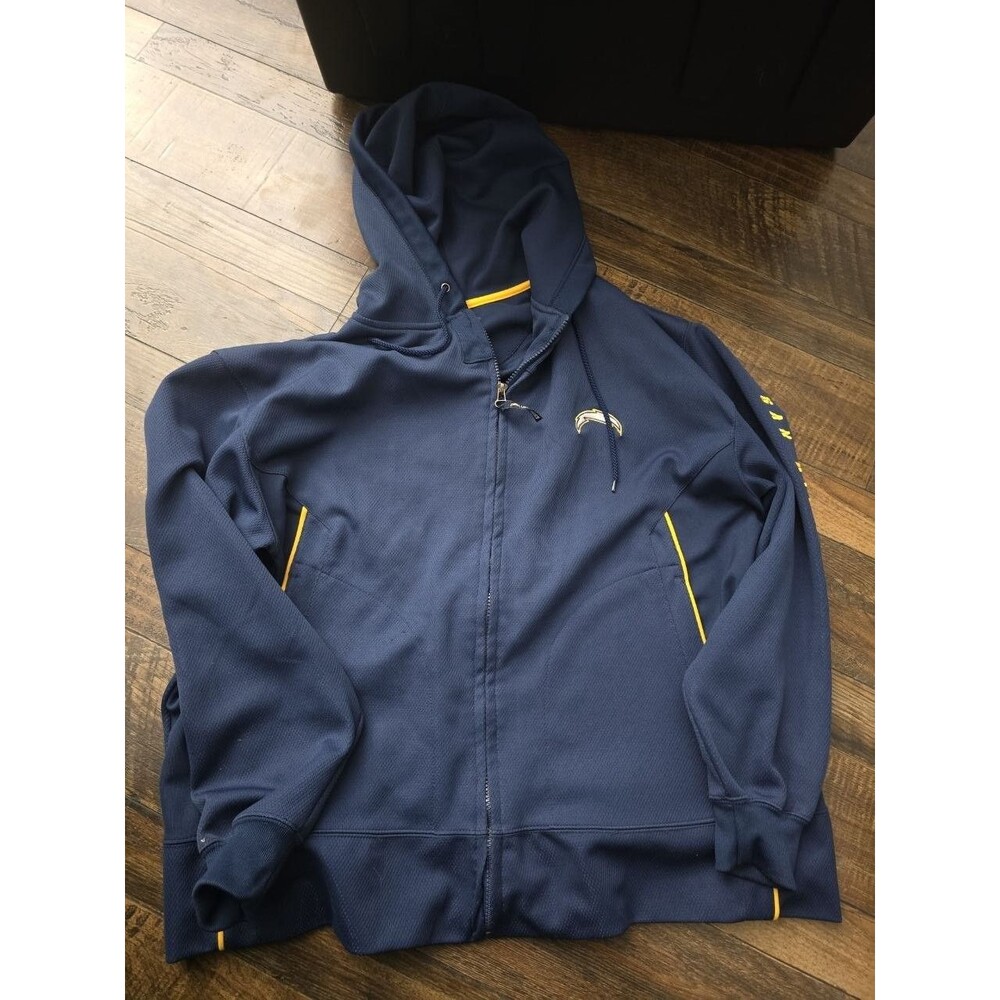 San Diego Chargers NFL Full Zip Hoodie Navy Gold Piping Sleeve Spell-Out Mens L